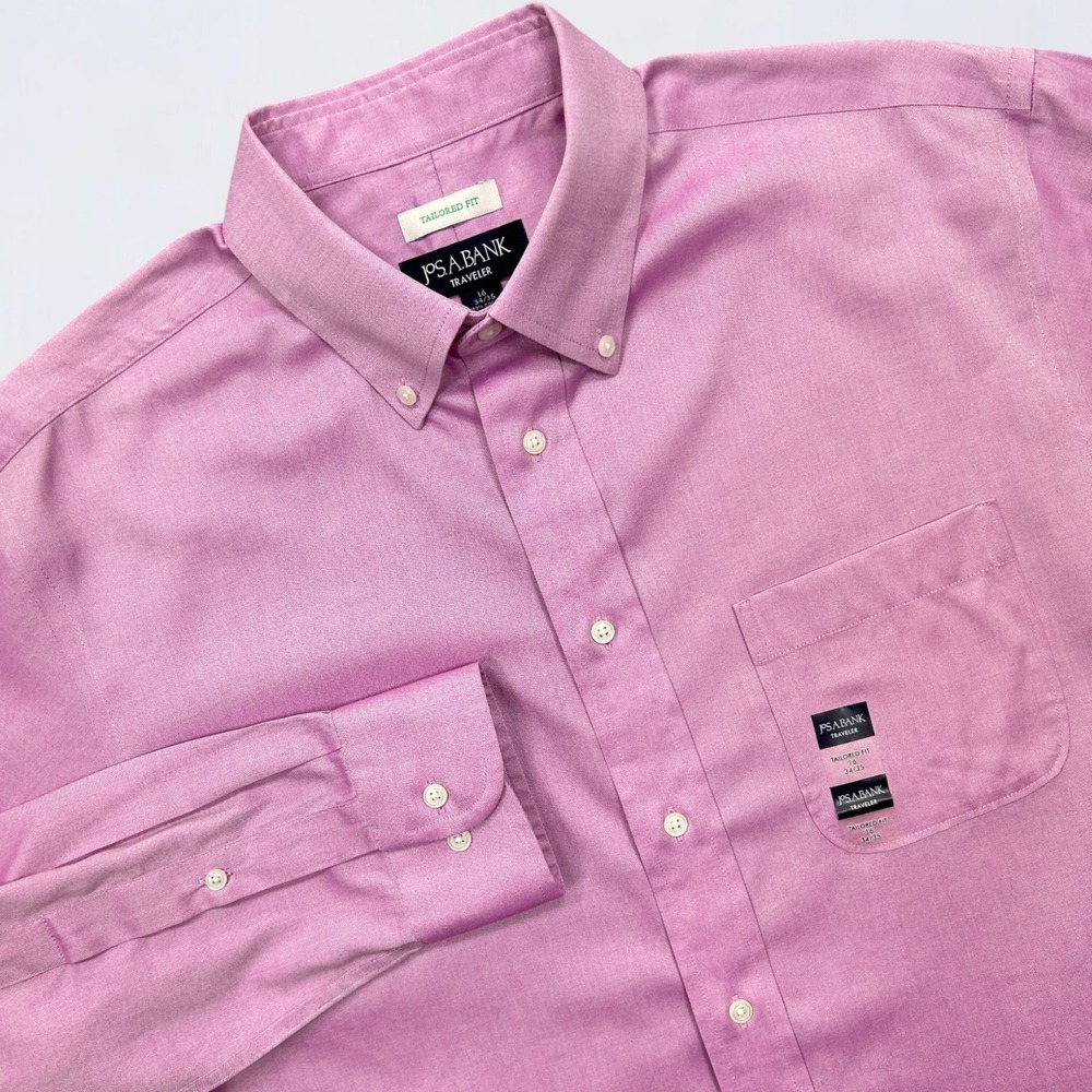 NEW Jos A Bank Traveler Men's Dress Shirt Size 16 Pink Button Down Long Sleeve